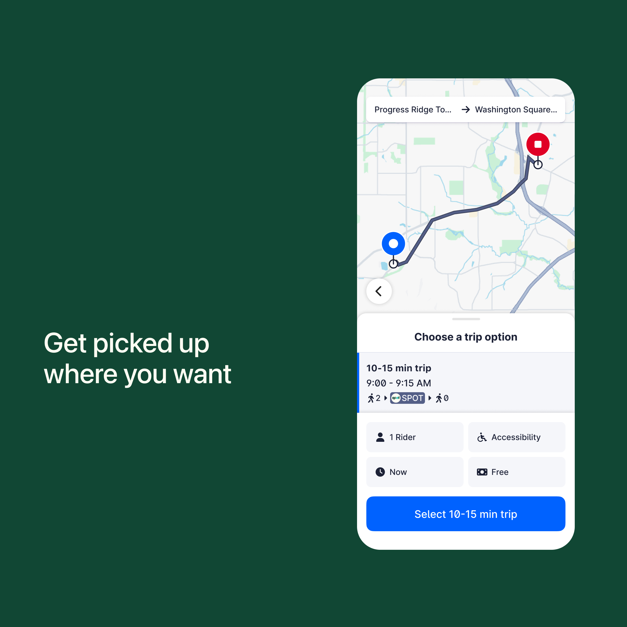Demo app screen showing where you select your ride time and pick up location