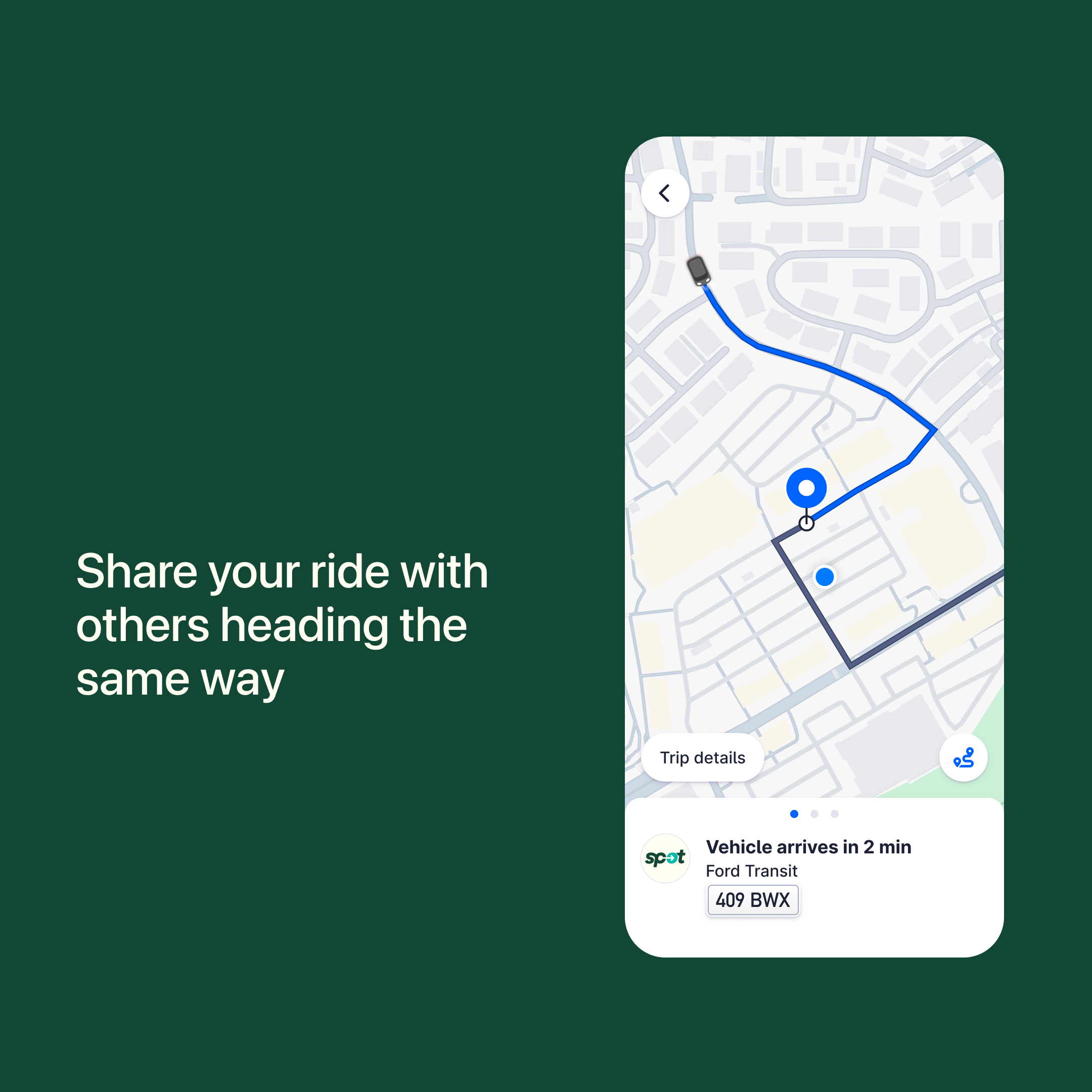 demo app screen showing a map of where your SPOT ride is going